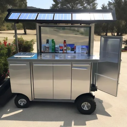Prompt: sales cart built in fridge with solar panel on top