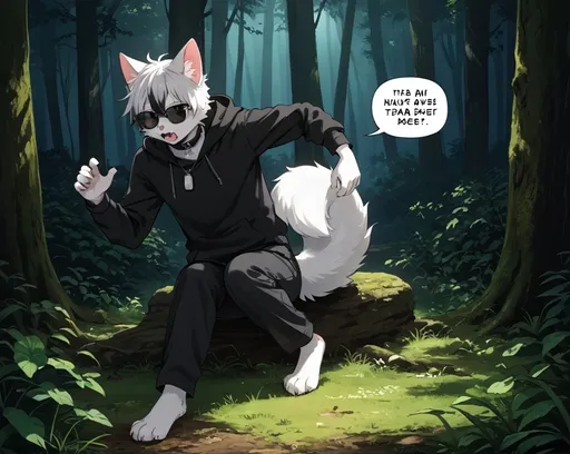 Prompt: This is a digital drawing in a cartoon style featuring an anthropomorphic black and white cat with large, expressive eyes and a surprised expression. The cat has black fur on the top of its head, ears, and down the sides, while the rest of its face and neck are white. It has a prominent tuft of white fur on its forehead and a pink nose. The cat is wearing a black collar with a round, silver dog tag and a black hoodie. The background is a dark, misty forest with tall, thin trees that are mostly black with some lighter gray highlights, creating a spooky atmosphere. To the right of the cat's head, there is a speech bubble containing a small, white skull with black eyes, adding to the eerie feeling. The cat's eyes are wide open, and its mouth is slightly agape, showing small fangs. The artist's signature, "Xuszi," is in the bottom left corner. The overall color palette is monochromatic with shades of black, white, and gray, and the image uses soft shading to create depth.