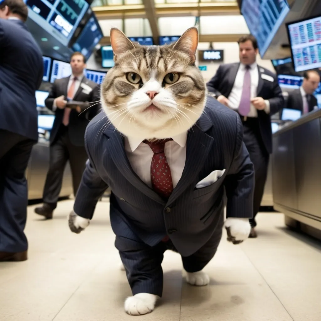 Prompt: A chubby house cat dressed in a business suit is walking on all fours around the trading floor of the New York Stock Exchange and meowing at a group of traders.