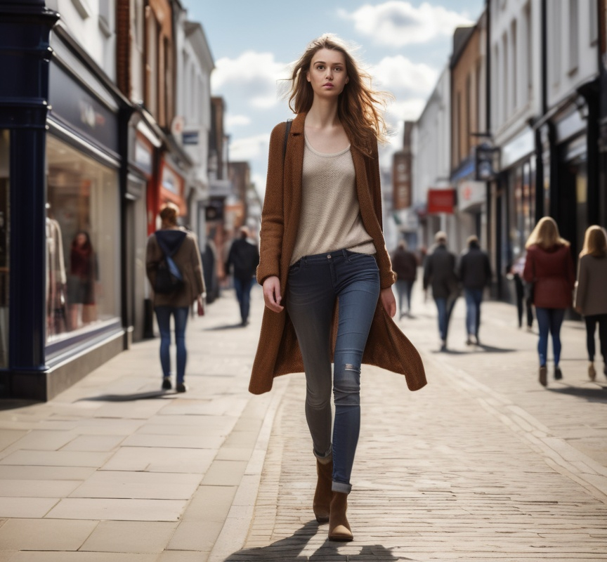 Prompt: Tall young woman walking down the high street, detailed clothing, realistic, natural lighting