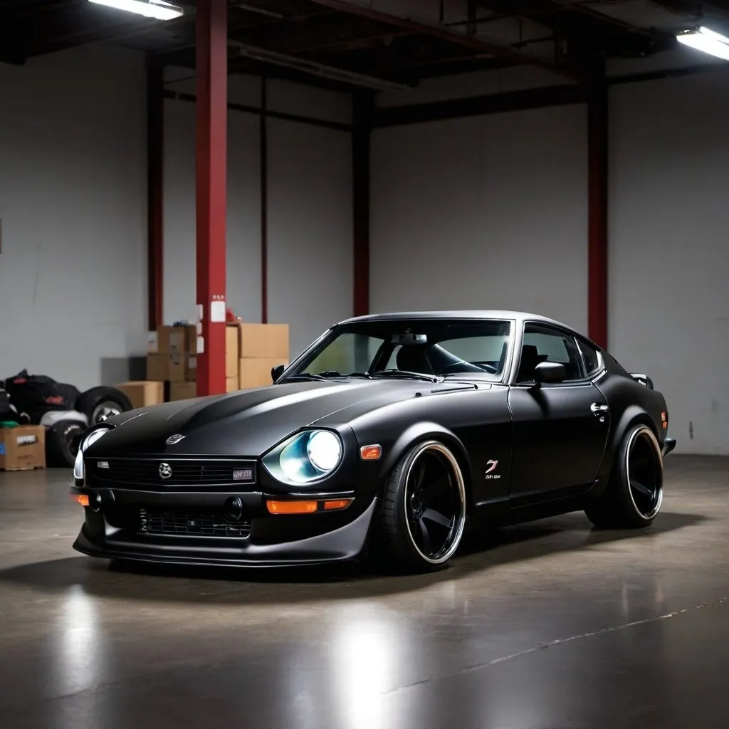 Prompt: Matte black, Nissan 240z, car, modified, warehouse, cool lighting 