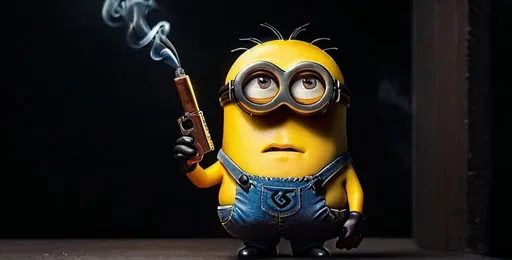 Prompt: Really serious and cool minion in a super dark room holding a Glock with a dim amber light shining on him. Arms crossed. Smoking a cigar.
