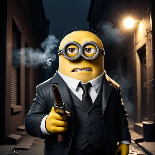 Prompt: Modern gangster, very serious minion with a pistol, smoking a cigar in a dark alley with the street light shining on him
