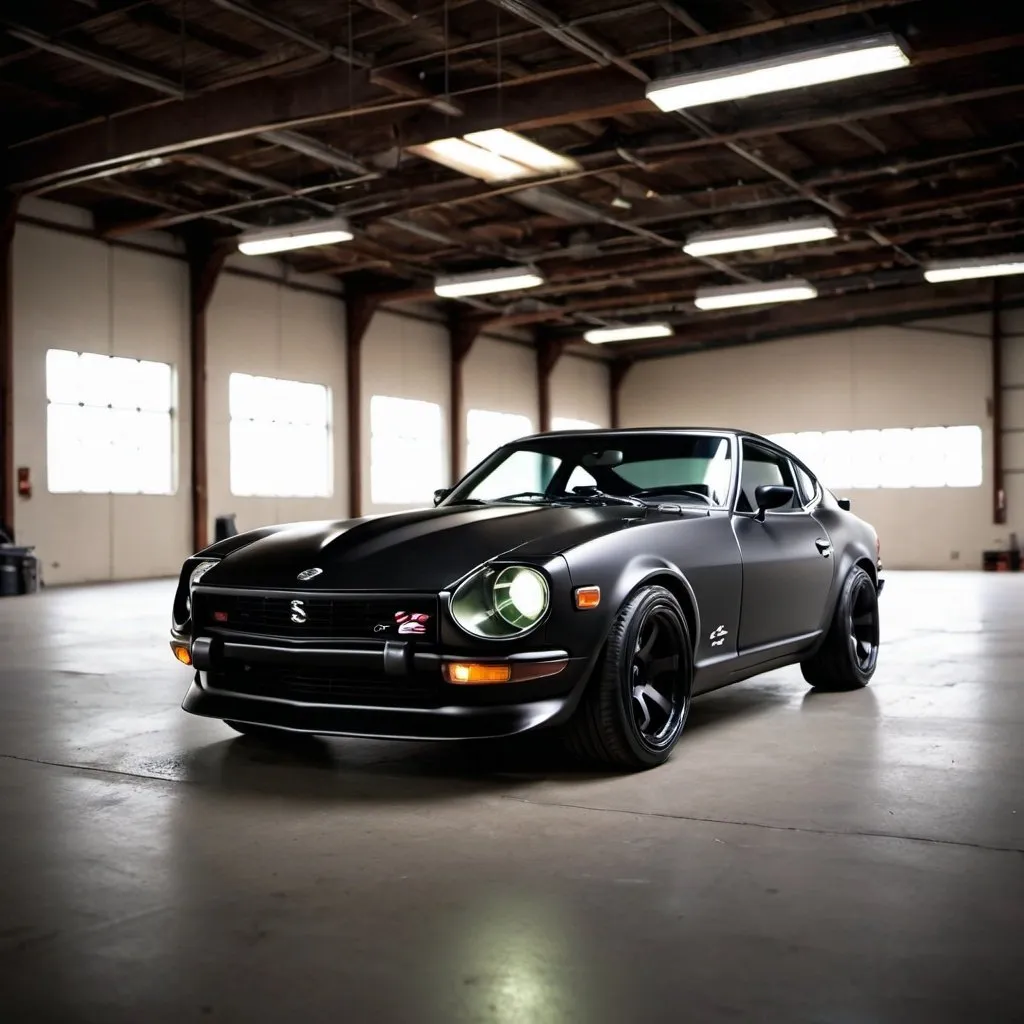 Prompt: Matte black, Nissan 240z, car, modified, warehouse, cool lighting, tinted windows, low angle from floor