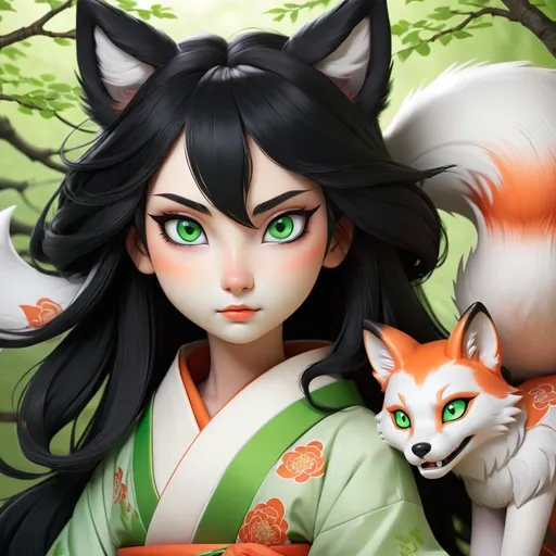 Prompt: Young Kitsune girl black hair green eyes