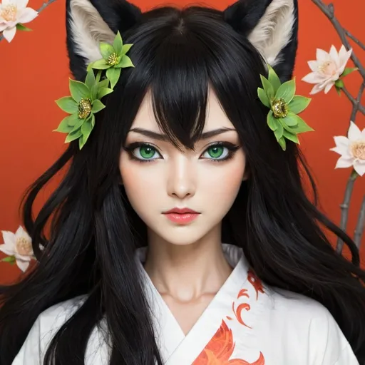 Prompt: kitsune black hair woman green eyes