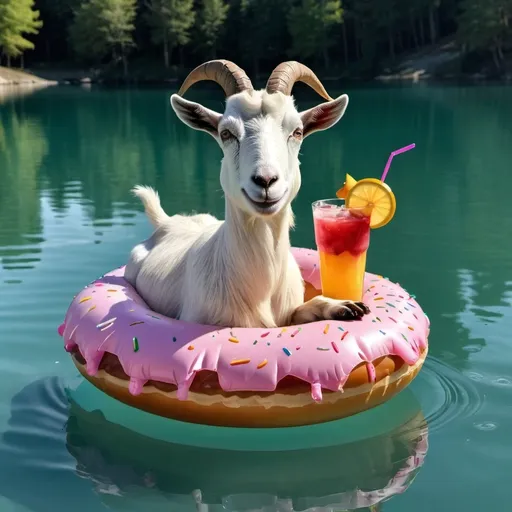 Prompt: A goat is floating on a lake on an inflatable donut with a cocktail