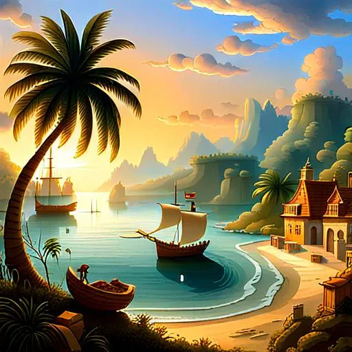 Prompt: A tropical coastline harbor and village during the Age of Piracy (circa 1650–1726) bathing in an early morning sun, realistic, fantasy 