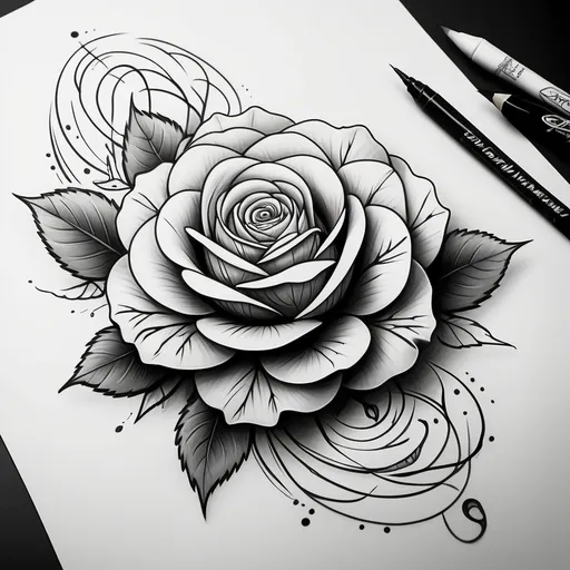 Prompt: tattoo sketch for an arm design featuring a rose flower with detailed petals, paired with an important phrase written in Roman-style lettering. The words should elegantly wrap or align near the rose to create a meaningful and harmonious composition. Minimal shading, focusing on line art and fine details."