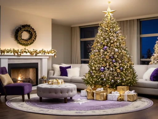 Prompt: This photograph captures a warm, festive family scene in a modern, well-lit indoor setting. At the center of the image is a large, decorated Christmas tree adorned with gold and white ornaments, including baubles, stars, and ribbons, and topped with a gold star. The tree stands on a circular, light-gray ottoman with a geometric-patterned purple and white rug beneath it.

Seated on the ottoman are four people: two adults and two children. The adult woman on the left is wearing a black, long-sleeved top and a black skirt with a white floral pattern. She has short, light brown hair and is smiling gently. The adult man in the middle is wearing a black sweater and blue jeans, and he has short, dark hair and glasses. He is also smiling. The child on the left, a boy, is dressed in a gray t-shirt with "MADNESS" in white letters, blue shorts, and blue sneakers with white soles. The child on the right, a girl, is wearing a cream-colored, short-sleeved top and bright pink leggings, along with white sneakers.

The background features a beige, patterned wall with a doorway on the left and a window with dark frames on the right. Above, copper pendant lights hang from the ceiling, casting a warm glow over the scene. The floor is tiled in white, adding to the modern and clean aesthetic of the space.