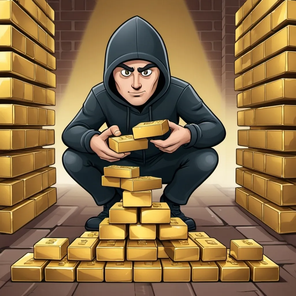 Prompt: Create a high-quality printable security awareness poster with a cartoon image of a thief stacking gold bricks. Below the cartoon thief stacking gold bricks, the words "Data is worth gold to criminals." should be centered underneath.
