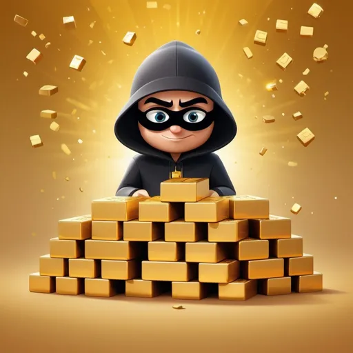 Prompt: Create a high-quality printable security awareness poster with a cartoon image of a thief stacking gold bricks. Below the cartoon thief stacking gold bricks, the words "Data is worth gold to criminals." should be centered underneath.
