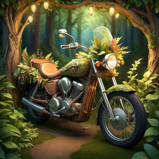 Prompt: nature-inspired motorcycle, organic materials, bark and plants, whimsical and magical, high quality, fantasy, nature-inspired, vibrant colors, ethereal lighting, detailed foliage, woodland setting, fairy tale, enchanted, natural elements, fantastical, whimsical, nature-themed, fantasy art, detailed design, professional, atmospheric lighting, no metal, large