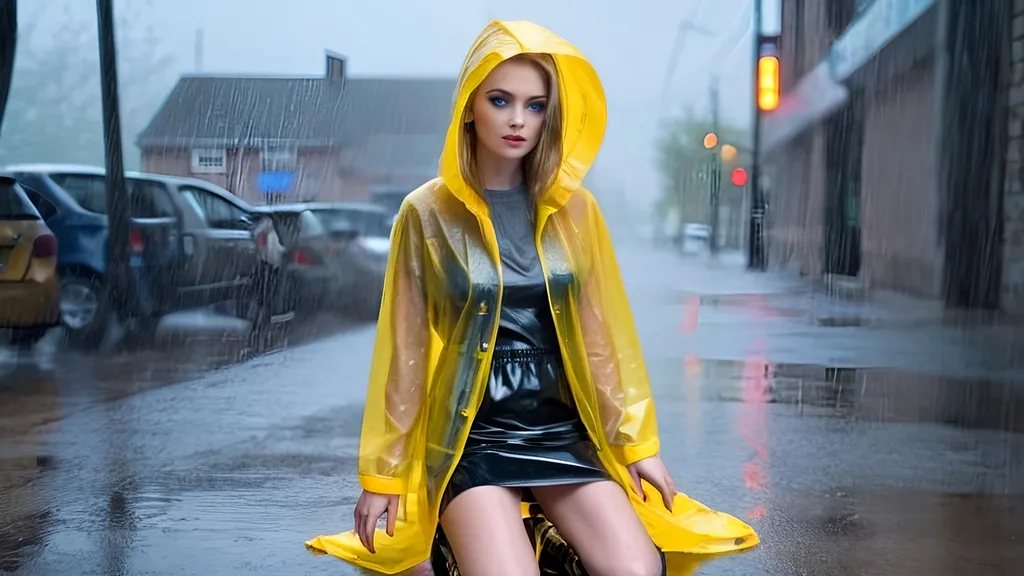 Prompt: She moves slowly forward, a young and beautiful woman in a transparent yellow plastic raincoat. Her grey cyber-tech boots reach up to her knees, Complementing her attire is a black leather miniskirt. Her face, illuminated by the cold rain, glows with a bittersweet expression as her striking blue eyes well up with tears, reminiscing about the experiences she once had in this neighborhood.