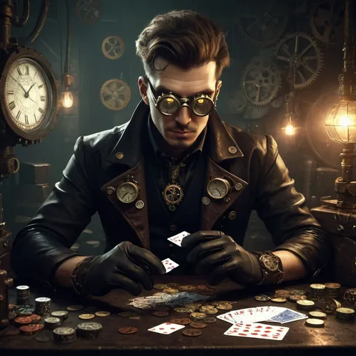 Prompt: A steampunk-inspired image of a man in a dark outfit, goggles, and gloves, surrounded by dice, playing cards, and coins, in a dimly lit, industrial-style setting, with a sense of mystery and intrigue, in the style of digital art or concept art.