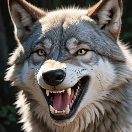 Prompt: an animation of a wolf's face waking up and grinning