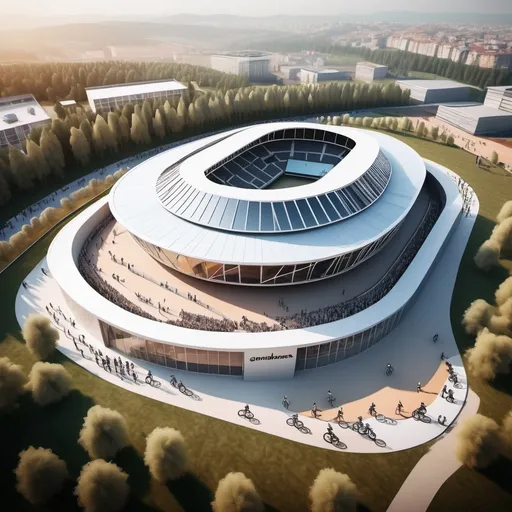 Prompt: modern cool bright stadium for bmx on a hill full of people with a glass grand entrance