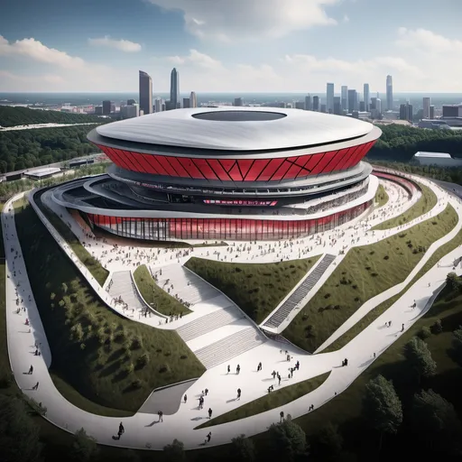 Prompt: mercedes benz stadium style arena on top of a hill with stairs leading up and people walking from the parking lot