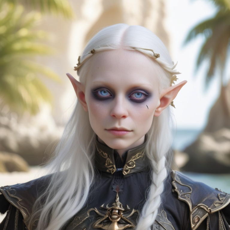 Prompt: female at a shore pirate sea angel dark eyes albino elf 50 years old magic
