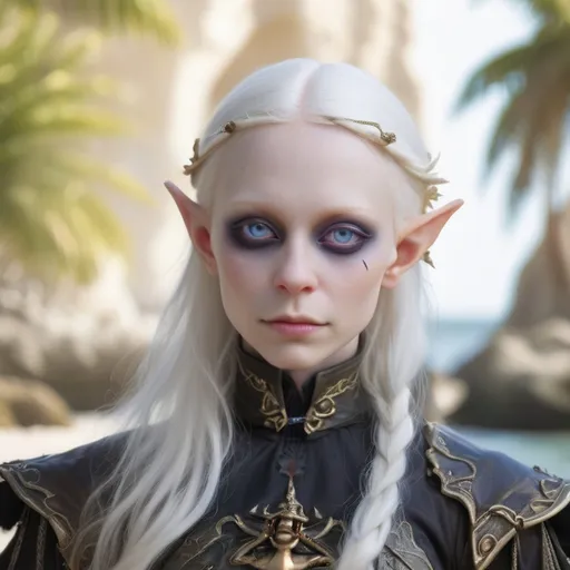 Prompt: female at a shore pirate sea angel dark eyes albino elf 50 years old magic