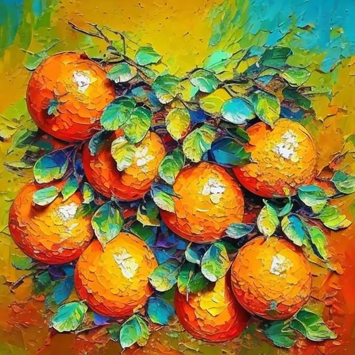 Prompt: Impressionist painting of vibrant orange fruits, acrylic paint, textured brushstrokes, dappled sunlight, high quality, impressionism, vibrant colors, textured brushwork, dappled sunlight, acrylic paint, serene atmosphere, natural beauty