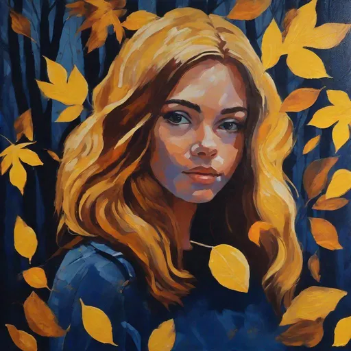 Prompt: Auburn Girl with yellow leaves, 70s style, acrylic painting, warm colors, dark blue background, high-quality image, acrylic painting, autumn forest, warm colors, retro, textured brushstrokes, dark blue background, professional, warm lighting