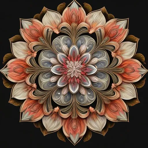 Prompt: Symmetric floral ornament, acrylic painting, realistic, high quality, photorealism, detailed petals, intricate design, vibrant colors, professional lighting, fine details