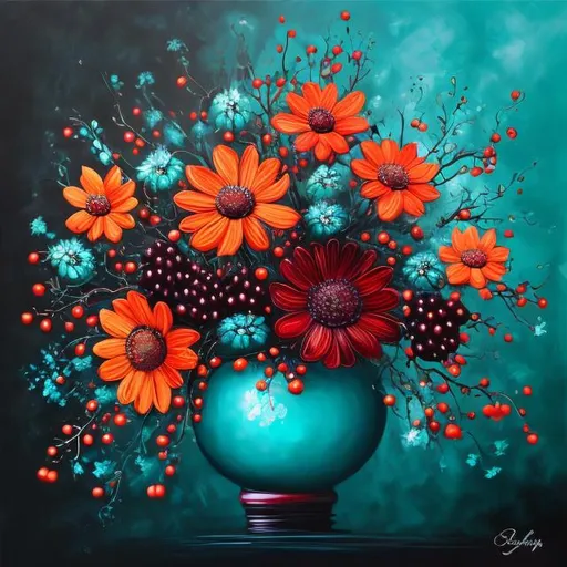 Prompt: Autumn flowers and berries on a dark turquoise background, acrylic painting, low detailed petals, high quality, elegant, realistic, rich colors, dramatic lighting