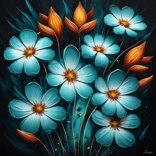 Prompt: Autumn flowers on a dark turquoise background, acrylic painting, low detailed petals, high quality, elegant, realistic, rich colors, dramatic lighting