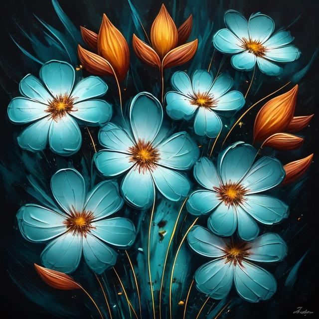 Prompt: Autumn flowers on a dark turquoise background, acrylic painting, low detailed petals, high quality, elegant, realistic, rich colors, dramatic lighting