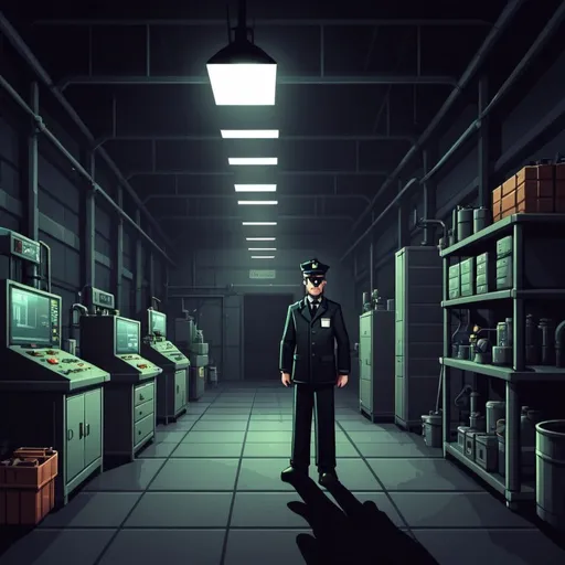 Prompt: im making a game abouot an inspector at a factory. it is a pixel point and click game that has a dark theme