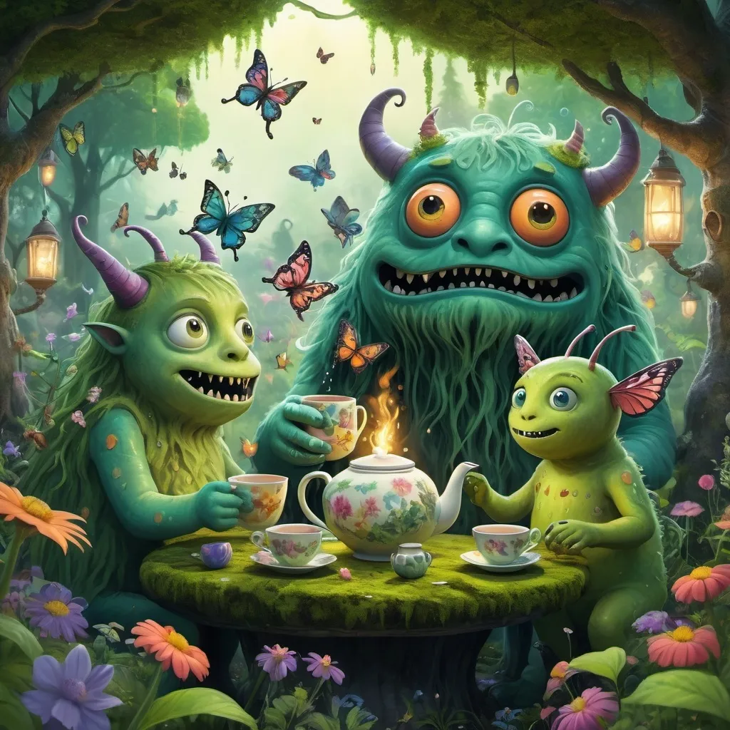 Prompt: A garden full of monsters drinking tea