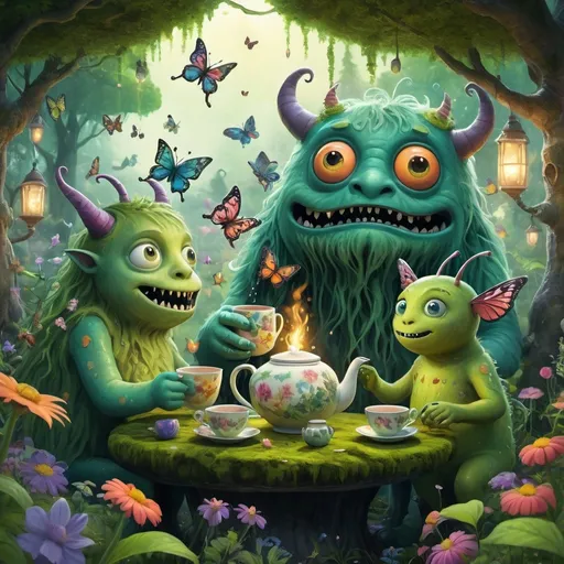 Prompt: A garden full of monsters drinking tea