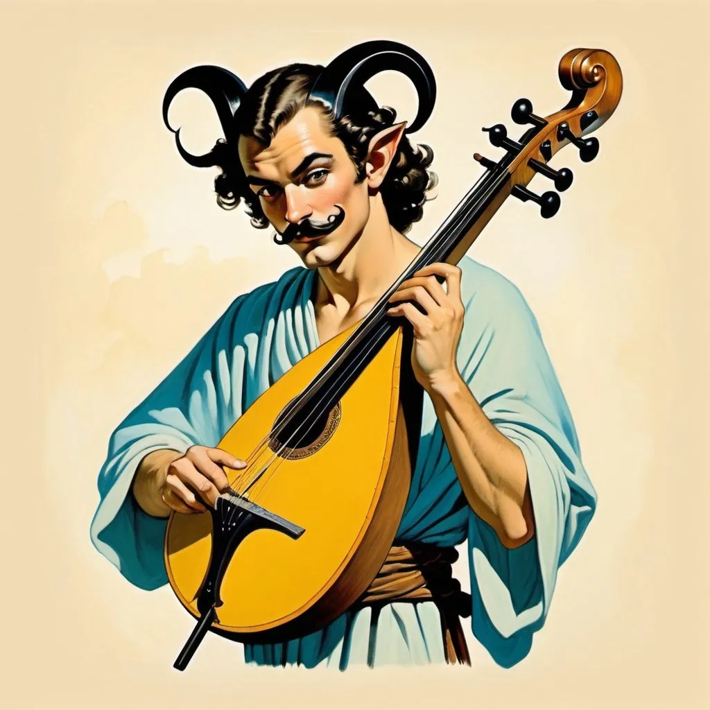 Prompt: Dungeons and dragons style young male satyr, ancient Greek style long robe, crossbow concealed as a lute, Salvador dali styled mustache, drawn in fantasy style, as drawn by frank frazetta, small horns, skinny, bald hair, curved horns