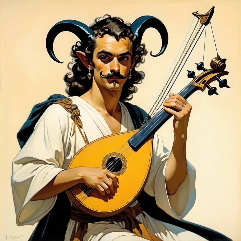 Prompt: Dungeons and dragons style young male satyr, ancient Greek style long robe, crossbow concealed as a lute, Salvador dali styled mustache, drawn in fantasy style, as drawn by frank frazetta, small horns, skinny, bald hair, curved horns