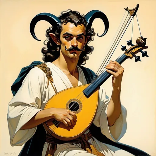 Prompt: Dungeons and dragons style young male satyr, ancient Greek style long robe, crossbow concealed as a lute, Salvador dali styled mustache, drawn in fantasy style, as drawn by frank frazetta, small horns, skinny, bald hair, curved horns