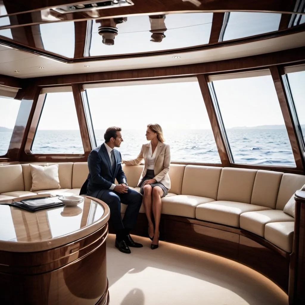 Prompt: an image of the inside of a super yacht, windows visible to the sea. a man and woman aboard the yacht dressed in business attire facing the window.