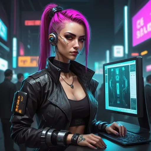Prompt: create a character who is a saleswoman in a cyberpunk world, she is making a sale online
