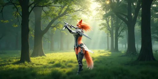 Prompt: A dynamic scene featuring @J2K8i8bg9BBnNPY5VQxO, a female anthropomorphic fox, swinging a gleaming sword with fierce determination. Her fur glistens in the sunlight, showcasing vibrant shades of orange and white, while her focused eyes narrow in concentration. The sword arcs through the air, catching the light and creating a dazzling reflection. The background is a lush forest, with trees swaying gently in the breeze and leaves rustling, emphasizing the motion of her swing. Sunbeams filter through the canopy, casting dappled shadows on the forest floor. The frame captures her in mid-swing, showcasing the power and grace of her movement, with a slight blur trailing the sword to enhance the sense of speed and action.