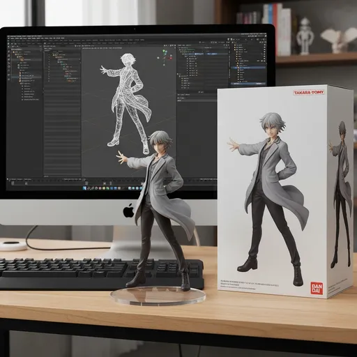 Prompt: Use the uploaded photo as the base character person to create a 1/7 scale commercialized figure of the character in the illustration, in a realistic style and environment. Place the figure on a computer desk, using a circular transparent acrylic base without any text. On the iMac screen, display the Blender modeling process of the figure. Next to the computer screen, place a TAKARA-TOMY-style toy packaging box printed with the original artwork.