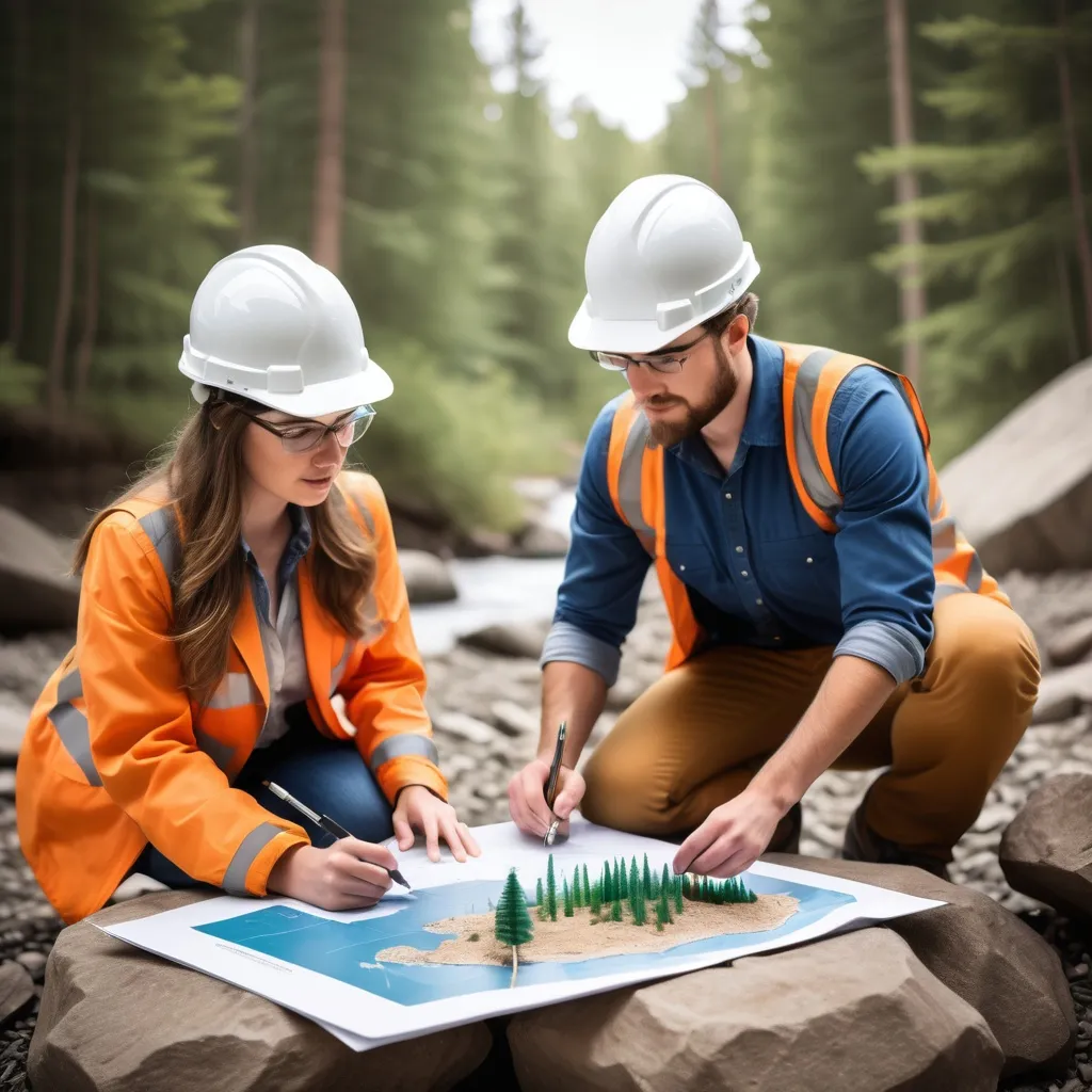 Prompt: create an image showing a female and male engineering geologists studying the environment
