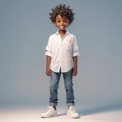 Prompt: Young black boy with trendy style, curly haircut, oversized white shirt, skinny jeans, flat sneakers, standing with confident smile, Jack Frost character type shading, high quality, Studio Ghibli style, trendy outfit, curly hairstyle, oversized shirt, confident stance, fashionable, casual clothing, cool tones, professional lighting