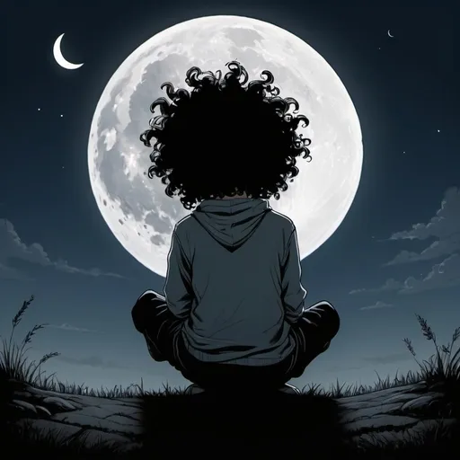 Prompt: A full body image of A shadow faceless kid with curly hair , hiding half face a with a sad face mascara while, staring at the night full moon sky, the kid is sitting crosslegged looking at the sky givin us his back, the mask is sideways up in his head, hi is in a grassland at night looking the sky looking the moon with 1/3rd perspective, the should be shadow trees in each side of the drawing, but empty in the middle,
