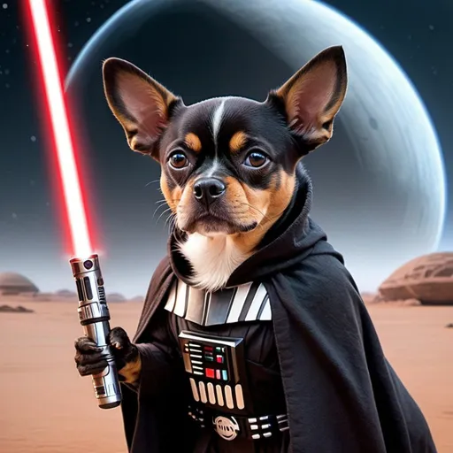 Prompt: Star Wars dog holding light saber and looks like Darth vater with alien planet in background 

