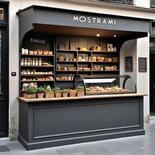 Prompt: mostrami un food display counter per una gastronomia con un balcone colore legno antico scuro e il pavimento grigio. Deve essere all'interno 
