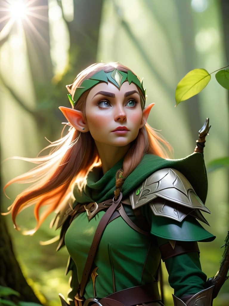 Prompt: Elf ranger in a mystical forest around sunlight