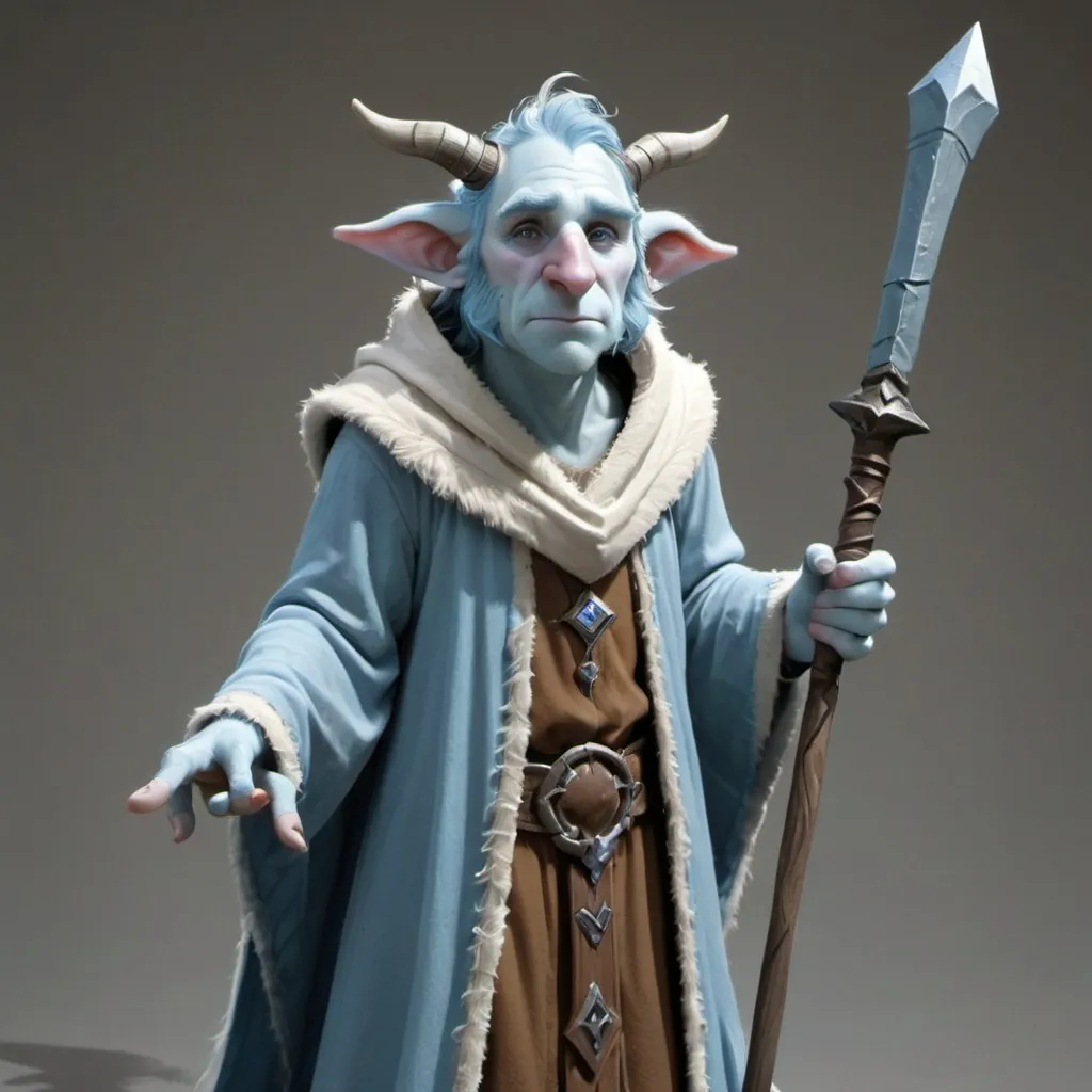 Prompt: Firbolg wizard, pale blue skin, thick nose bridge, droopy cow ears, longsword in one hand staff in the other, lightly armored robe