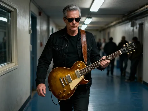 Prompt: This photograph features a middle-aged man with a stern expression, walking in a dimly lit hallway. He has short, neatly combed gray hair and is wearing dark sunglasses. His attire includes a black denim jacket over a black shirt, and he has a brown guitar strap slung over his right shoulder. The guitar, which he is carrying in his left hand, is a golden-brown electric guitar with a vintage design, featuring two pickups, a single volume knob, and a toggle switch. The hallway is narrow with a blue-gray floor and illuminated by long, fluorescent lights that hang from the ceiling. The background is slightly blurred, showing a few indistinct figures and a wall with a window on the left. The overall ambiance of the image is moody and atmospheric, with a focus on the man and his guitar. The photograph has a realistic, documentary style, capturing a moment of movement and purpose. The lighting and color palette contribute to a somewhat gritty, urban feel.