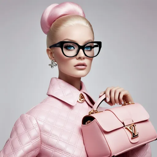 Prompt: 8k lash campaign, shot by annie leibovitz, haute couture fashion dazed editorial, hyperrealistic photography,a photo of a Barbie woman, big glasses, Louis Vuitton, luxury, pastel colors, white background