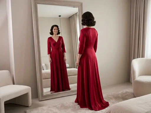 Prompt: This photograph features a woman standing in front of a mirror in a modern elegant bedroom.. She is centered in the image, wearing a long, red, silk, V-neck gown with three-quarter sleeves and a flowing skirt that pools slightly on the floor. Her dark, wavy hair is is in a 1950s shoulder length style with soft curls that frame her face. She has a composed expression and looks at her reflection with satisfaction

